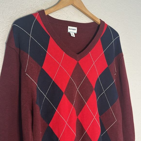 Old Navy Burgundy Red Argyle Sweater V Neck Golf Caddyshack Preppy Gilmore XL - Picture 2 of 7